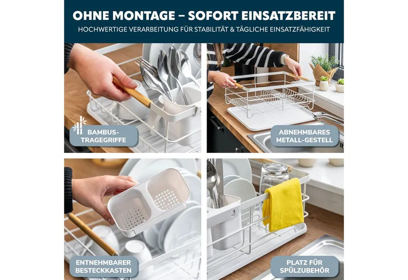 eluno Geschirrständer Metall-Abtropfgestell mit Abtropfschale für Geschirr mit Besteckhalter, Weiß, – Produktbild 4 von 5