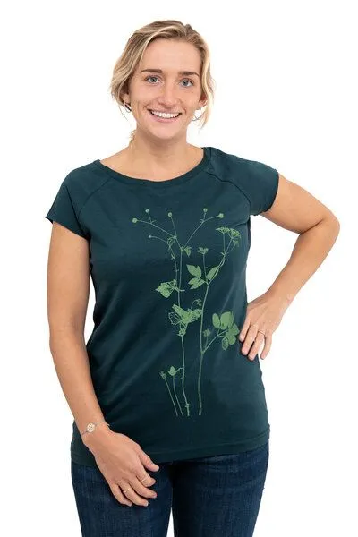Hirschkind Hirschkind Fair-Trade-Frauenshirt mit Raglanärmeln "Lovely Unkraut" - Made in Kenia - dunkelgrün – Produktbild 2 von 2