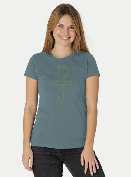 Peaces.bio - handbedruckte Biomode Peaces.bio - handbedruckte Biomode Damen Fit T-Shirt Ankh, Petrol, – Produktbild 2 von 2