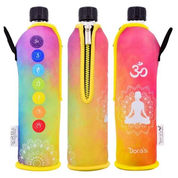 Dora's Dora's Dora’s Glas-Trinkflasche "Chakren" (0,5l) – Mit isolierender Neoprenhülle – Achtsamkeit – Produktbild 1 von 5