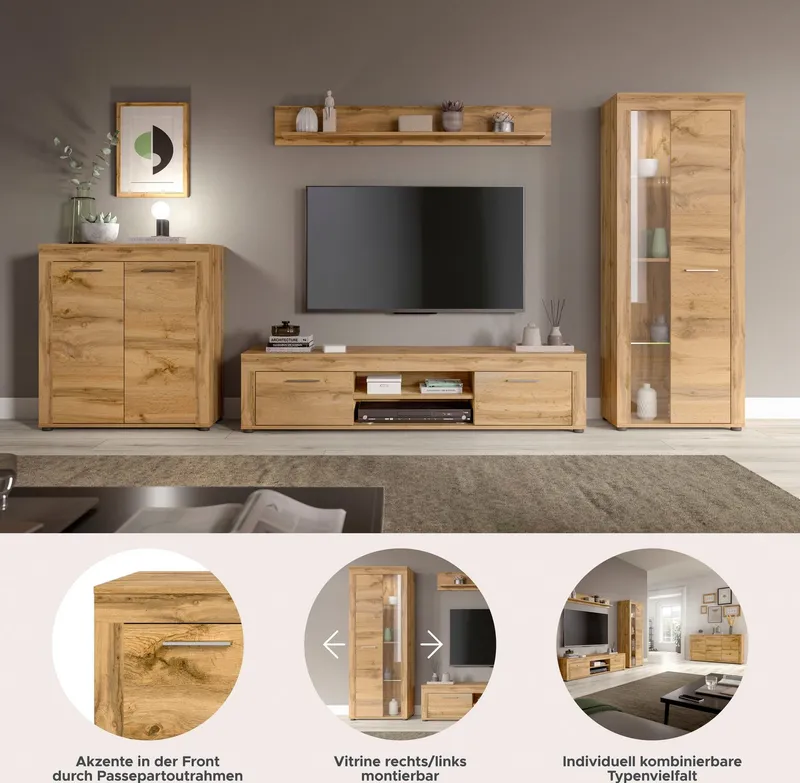 OTTO home Wohnwand AOSTA, Breite 330cm, 4-teilige Wohn-Kombination, (4-St., bestehend aus: Highboard, Lowboard, Wandboard, Vitrine), Wohnwand, Kombination, Anbauwand, Möbel Set, Schrankwand, Möbel Kombi, Braun, – Produktbild 1 von 5