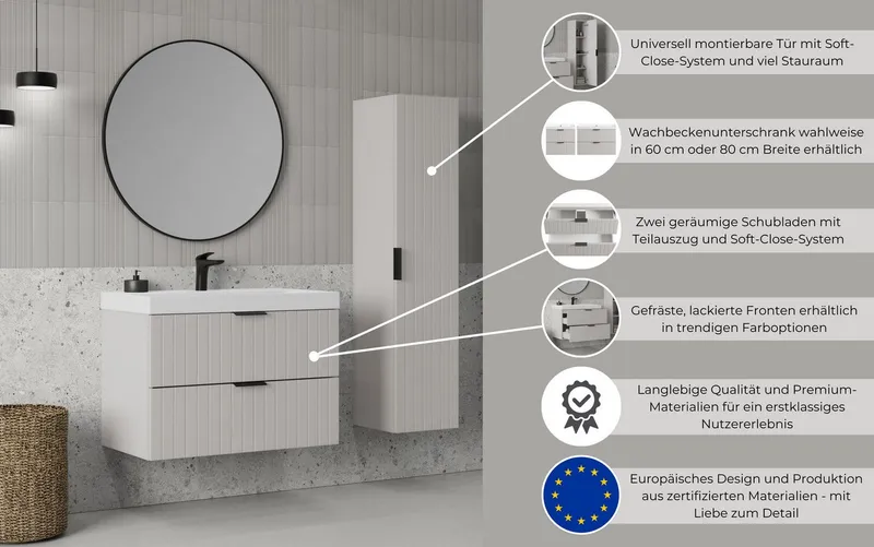 welltime Waschtisch HARMONY mit Waschbecken, Breite 60 oder 80cm, modernes Design, Schrank mit 2 Schubladen, Soft-Close-Function, Paneeloptik, Schwarz, – Produktbild 3 von 5