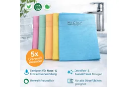 Micro by Jungengel Premium Reinigungstücher Geschirrtücher Allzwecktücher Mikrofasertuch Mikrofasertuch (20% Polyamide&80% Polyester, 42x68 cm, 5-tlg., Vegan-Label, Extrem saugfähig, Streifen- & fusselfreies Reinigen) – Produktbild 1 von 1