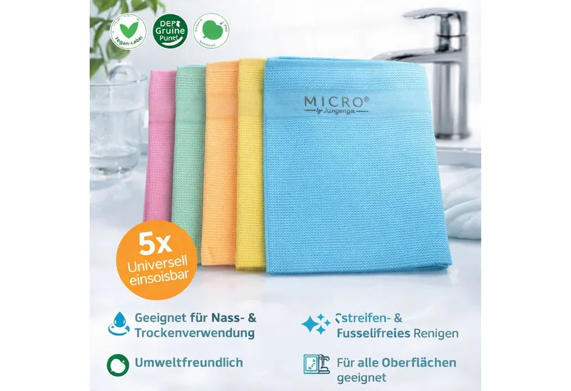 Micro by Jungengel Premium Reinigungstücher Geschirrtücher Allzwecktücher Mikrofasertuch Mikrofasertuch (20% Polyamide&80% Polyester, 42x68 cm, 5-tlg., Vegan-Label, Extrem saugfähig, Streifen- & fusselfreies Reinigen), Bunt, – Produktbild 1 von 5