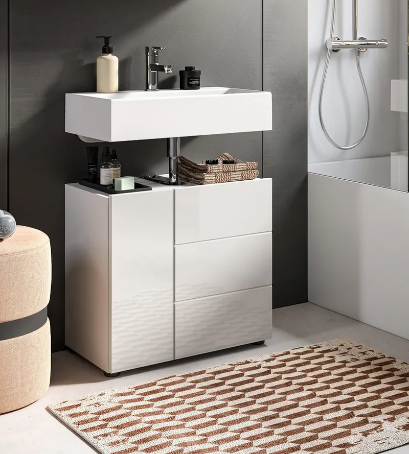 Inn.Furn Waschbeckenunterschrank Larik (Badschrank in weiß Hochglanz, 2-türig, 60 x 56 cm) mit Stauraum, Weiß, – Produktbild 3 von 5
