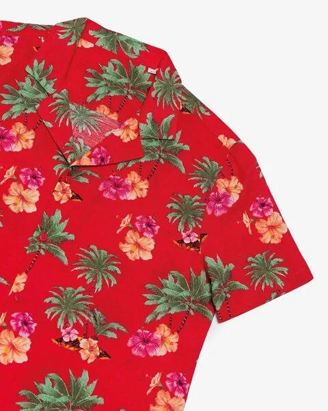 YTWOO YTWOO Herren Hawaii Hemd | Bio -Baumwolle-Leinen-Mix | Aloha Shirt | Kurzarm Hemd, Tropenrot mit hawaiiblumen, – Produktbild 2 von 4