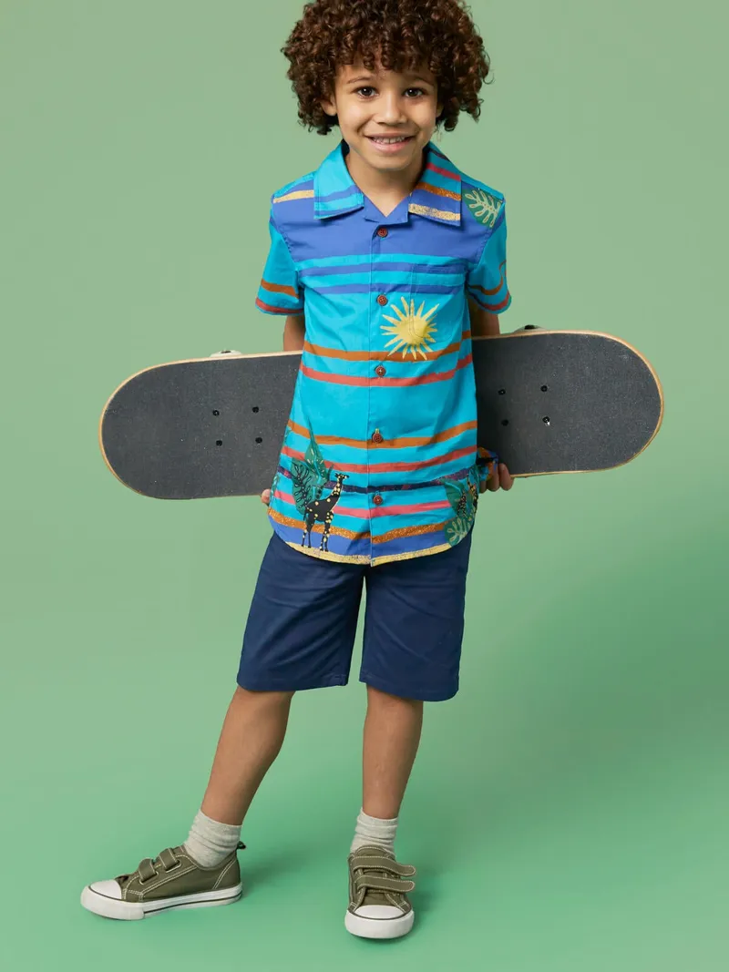 White Stuff Gestreiftes Kurzarmhemd mit Giraffenmotiv - 3-4, Blau, – Produktbild 3 von 4
