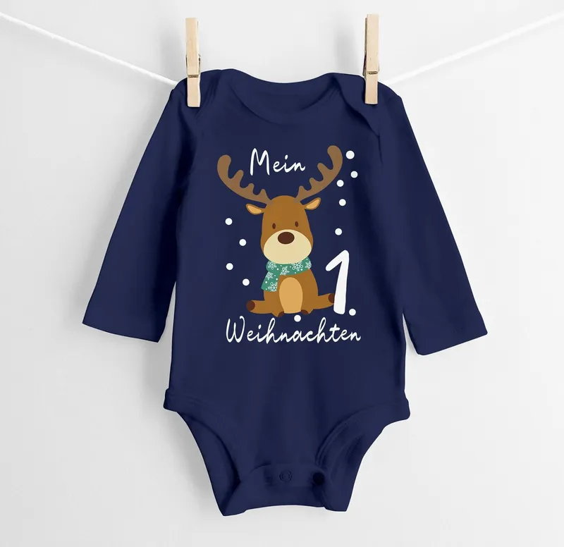 MoonWorks Body Baby Body langarm Mein erstes Weihnachten Rentier Aufdruck XMAS, Blau, – Produktbild 1 von 2