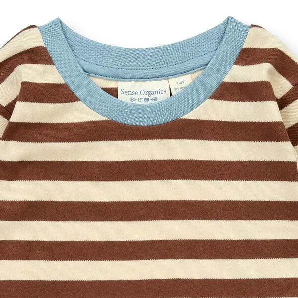 Sense Organics Sense Organics Kinder Schlafanzug, Modell LONG JOHN, Braun-weiß geringelt mit cooler hunde-applikation, – Produktbild 3 von 4