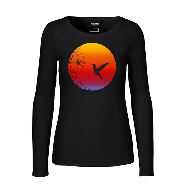 HANDGEDRUCKT HANDGEDRUCKT "Kolibri" Frauen Longsleeve aus reiner Biobaumwolle (kbA), Black, – Produktbild 1 von 3