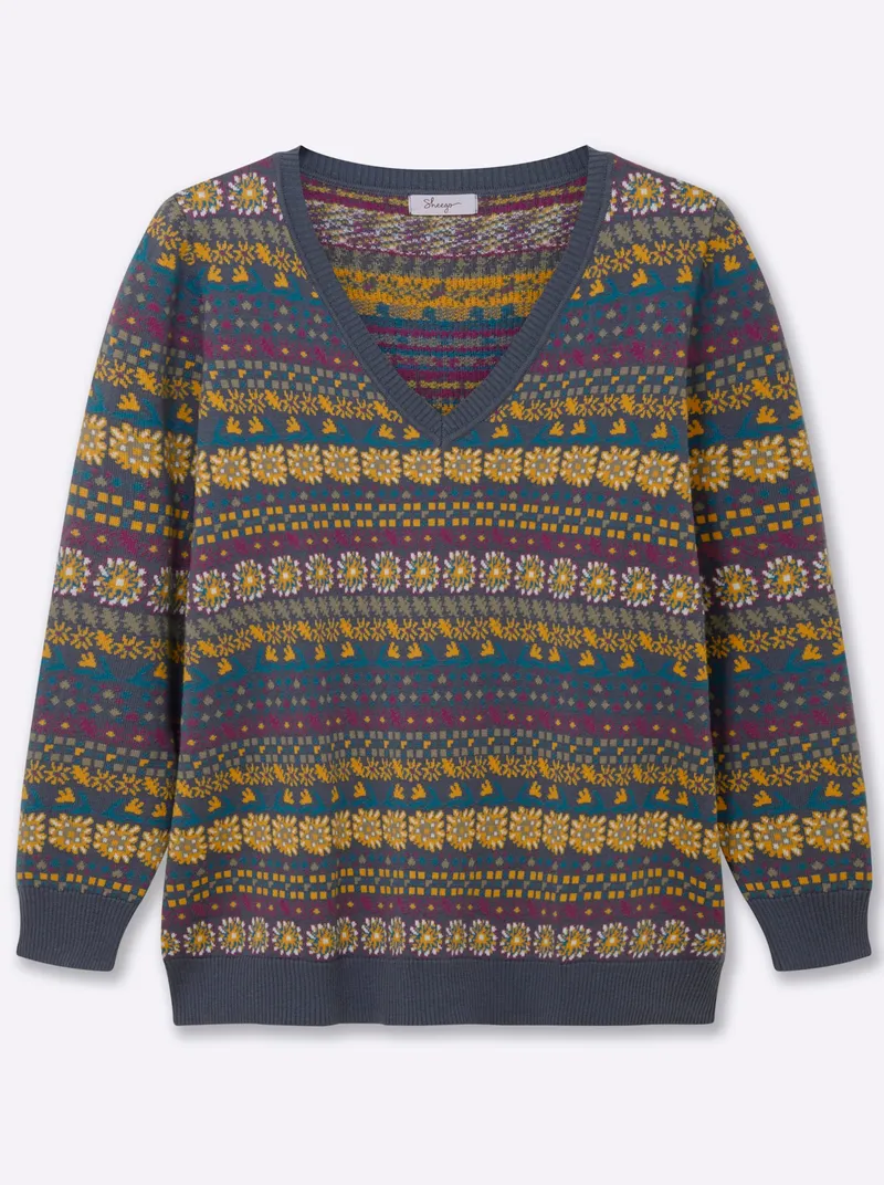 sheego Pullover rauchblau-gemustert, Rauchblau-gemustert, – Produktbild 1 von 2