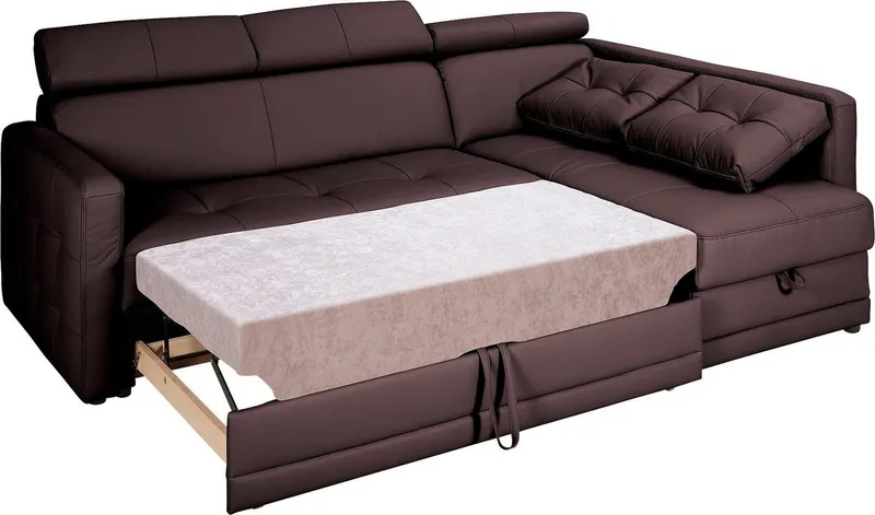 exxpo - sofa fashion Ecksofa Arles, Federkern, zeitlos, Breite 225cm, L-Form, wahlweise mit Bettfunktion und Bettkasten, inkl. Kopfteilverstellung, Braun, – Produktbild 1 von 5