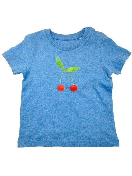 MelaDi Meladi Kinder Baby-Shirt aus Biobaumwolle - Kirsche auf Heather Blue, Blau, – Produktbild 1 von 3