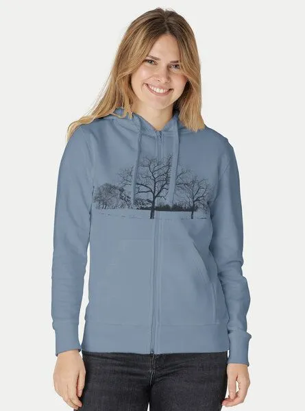 Peaces.bio - handbedruckte Biomode Peaces.bio - handbedruckte Biomode Zip-Hoodie Landscape Damen, Blaugrau, – Produktbild 2 von 2