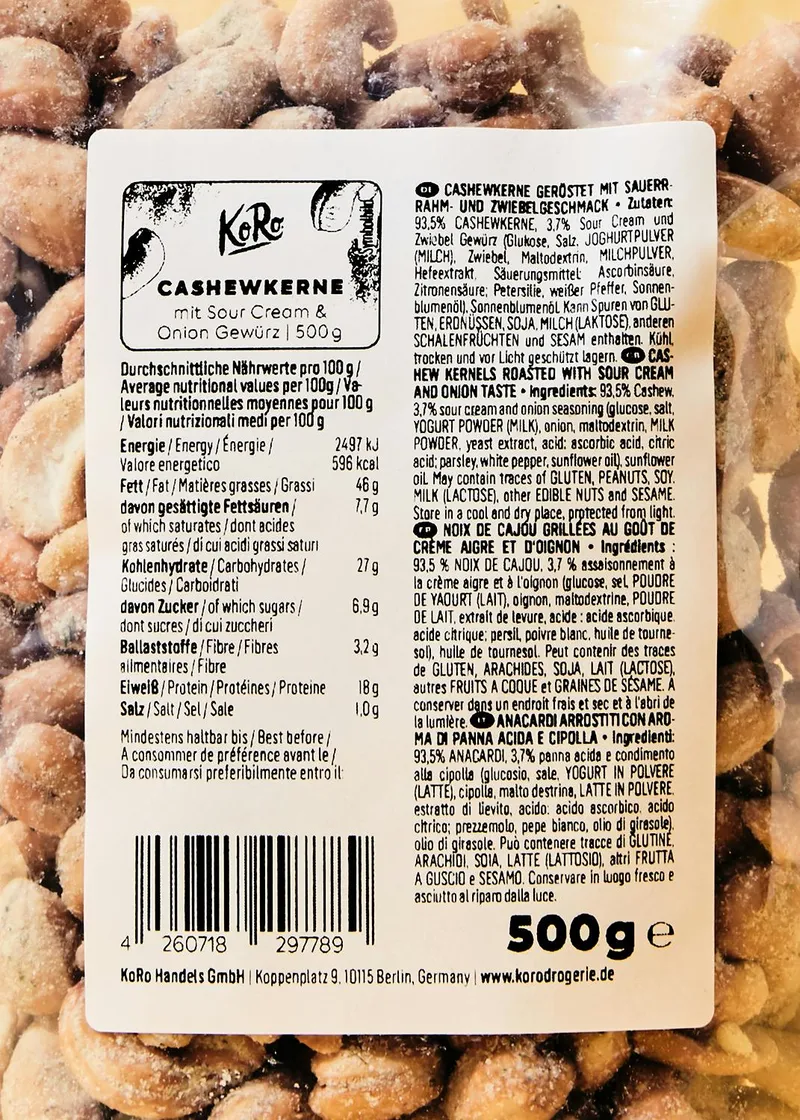 KoRo Cashewkerne mit Sour Cream and Onion Gewürz 500 g – Produktbild 3 von 5