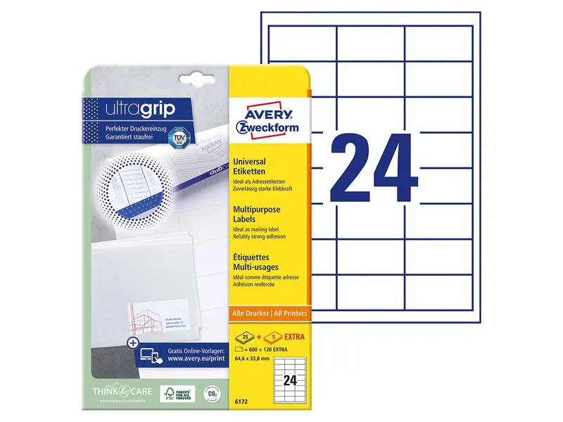 Avery Zweckform 600 Avery Zweckform Universaletiketten 64,6 x 33,8 mm, A4, permanent – Produktbild 1 von 2