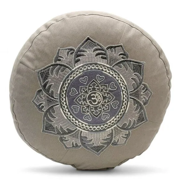 BAGHI BAGHI Meditationskissen Rund Om Bestickung - Sitzhöhe 15cm Bio-Baumwolle kbA, Steingrau, – Produktbild 1 von 3