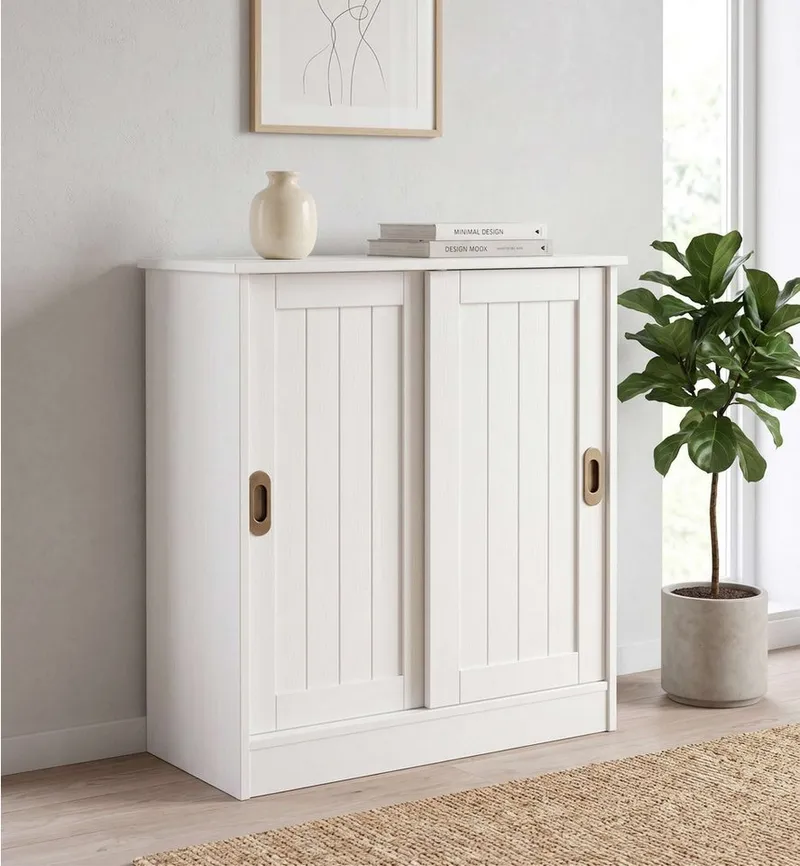 OTTO home Schuhschrank Malmö Schuhkommode mit Schiebetüren (B/T/H: 77/37/89 cm) aus massiver FSC®-zertifizierter Kiefer, Breite 77 cm, Weiß, – Produktbild 2 von 5