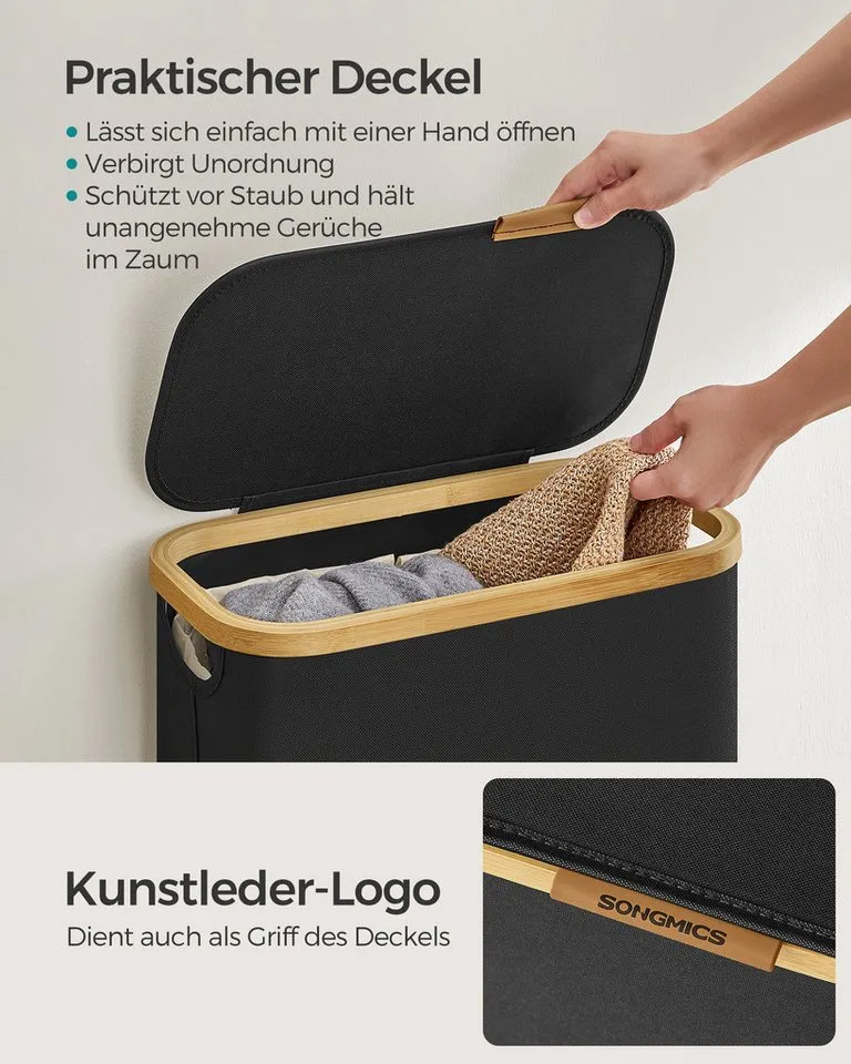 SONGMICS SONGMICS Wäschekorb mit Deckel, herausnehmbarer Einsatz, Bambus‑Rahmen, Oxford‑Gewebe, 65 L, 42 x 22,5 x 70,5 cm, mit Deckel, platzsparend, Griffe aus Bambus, Schwarz, – Produktbild 4 von 5