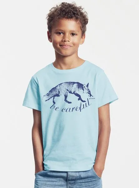 Peaces.bio - handbedruckte Biomode Peaces.bio - handbedruckte Biomode Bio-Kinder T-Shirt Be Careful, Hellblau, – Produktbild 2 von 2