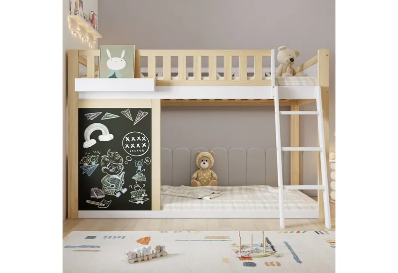 Merax Hochbett (1-St., Jugendbett Einzelbett) Kinderbett 90x200cm mit Tafel, Leiter, Aufbewahrungsbox & Stauraum, Weiß, – Produktbild 2 von 4
