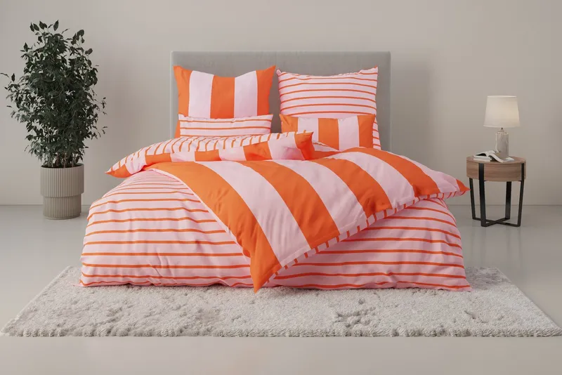 OTTO home Wendebettwäsche Sari Trend ab Gr. 135x200 cm, Bettwäsche-Set in modernen Farben, Linon, 3 teilig, Bettwäsche aus 100% Baumwolle mit Streifen, trendig, Orange|rosa, – Produktbild 2 von 5