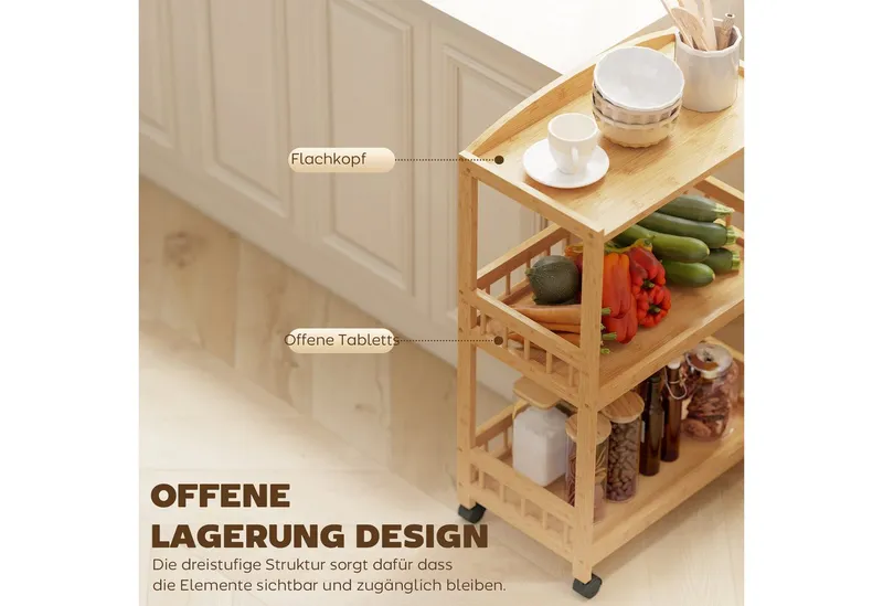 HOMCOM HOMCOM Küchenwagen Rollwagen mit 3 Ebenen, Servierwagen mit Stauraum, (Servierwagen, 1 St., Rollwagen), für Küche Bad Büro Wohnzimmer Naturholz, Beige, – Produktbild 3 von 4