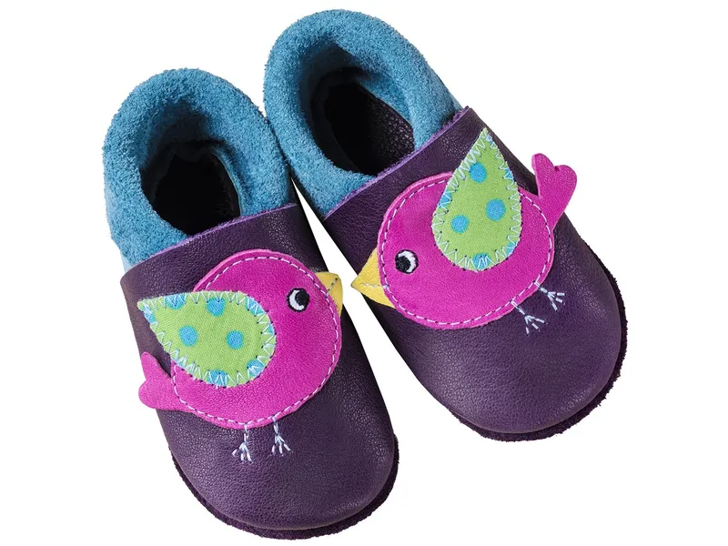 Orangenkinder Kinder Lederpuschen Krabbelschuhe Bio-Leder "Vögelchen" Gr. 24/25, Lila, mehrfarbig, – Produktbild 1 von 1
