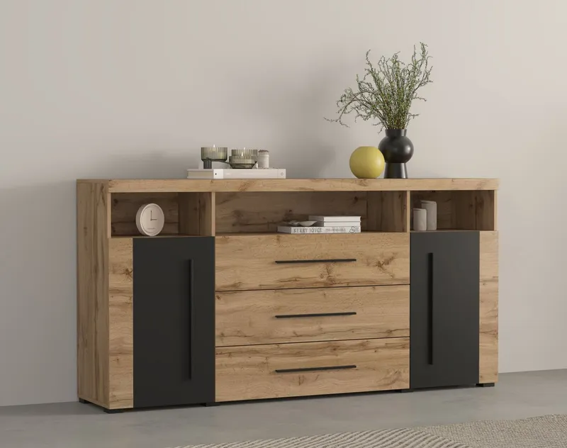 OTTO home Sideboard Roger,Breite 182cm, stilvolle Schrank, 2 Holztüren 3 Schubladen, Kommode mit viel Stauraum, Einlegeböden verstellbar, Beige|schwarz, – Produktbild 2 von 5