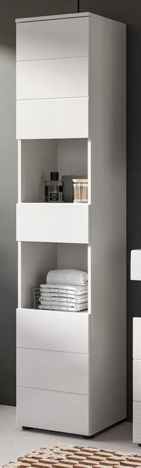Inn.Furn Hochschrank Larik (Badschrank in weiß Hochglanz, 2-türig, 38 x 190 cm) mit 6 Fächern und Schubkasten, Weiß, – Produktbild 2 von 5