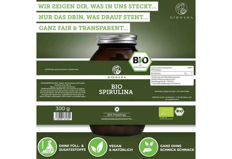 QIDOSHA Bio Spirulina Presslinge 500 mg Presslinge, 300 g, 100 % Bio Spirulina aus kontrolliert biologischer Aquakultur – Produktbild 3 von 5