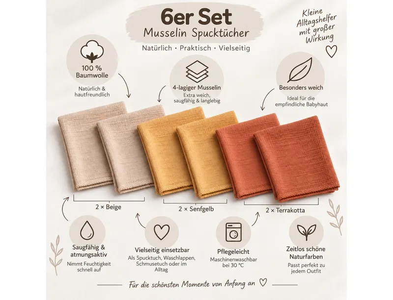 bistyle bistyle Spucktuch Musselin Mulltuch für Babys 20x20cm, (Set, 6-tlg., 6er-Pack), waschbare Musselin-Spucktücher saugstark, 4-lagig, 100% Bio-Baumwolle, Beige|gelb|rot, – Produktbild 3 von 5