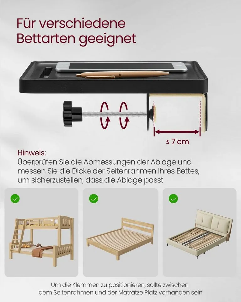 VASAGLE Nachttisch Bettablage, Nachttisch zum Einhängen, Regal für Hochbett, Schlitz für Handy, Getränkehalter Haken drehbar, verstellbare Klemmen, Schwarz, – Produktbild 4 von 5