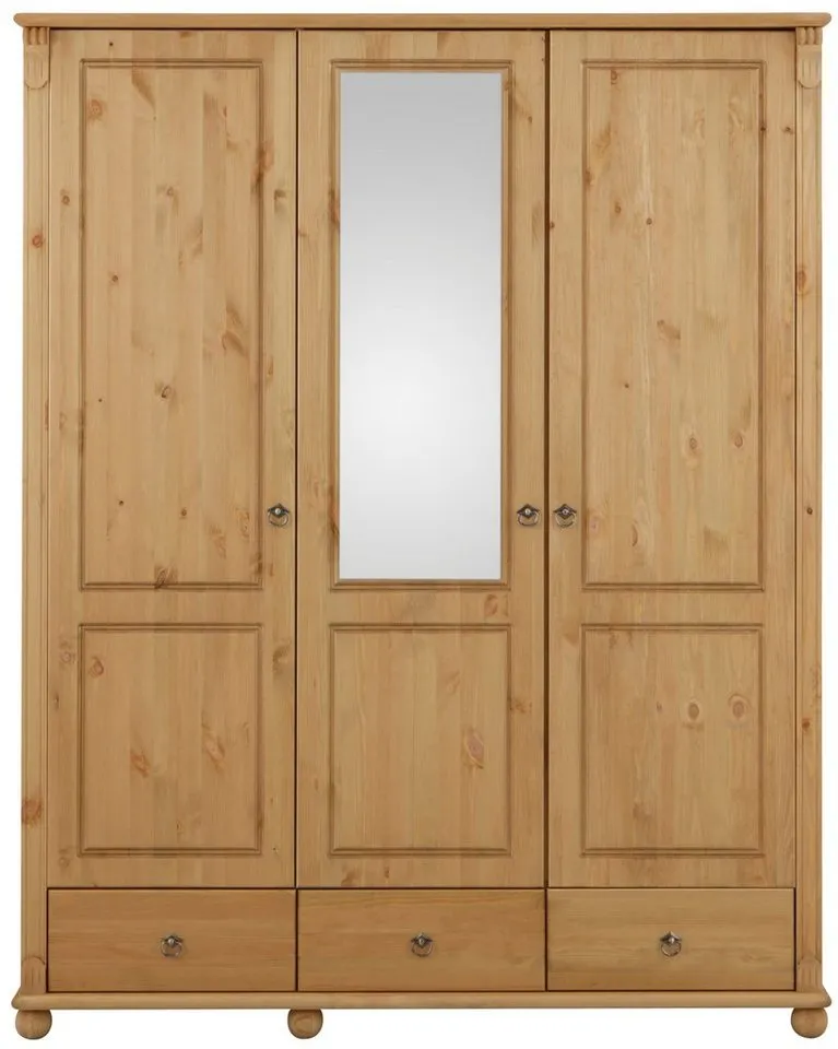 OTTO home Kleiderschrank Tessin, Dretürenschrank, 3-türig (B/H/T ca. 152/191/59 cm) Breite 152 cm, Kiefer massiv, mit Spiegel und 3 Schubladen, Beige, – Produktbild 3 von 5