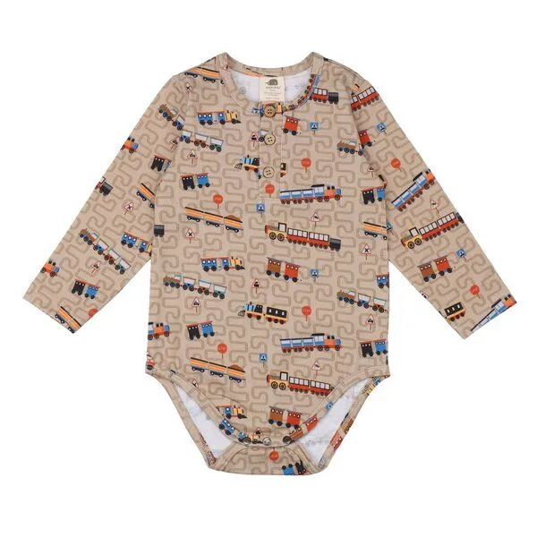 Walkiddy Walkiddy Tiny Trains Body in Braun, GOTS-Zertifizierter Bio-Baumwollstrampler mit Zugmotiv, Braun, – Produktbild 1 von 3