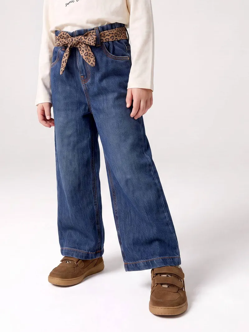 Vertbaudet Vertbaudet Weite Paperbag-Jeans mit en Stoffgürtel Mädchen, Dunkel blau, – Produktbild 1 von 4