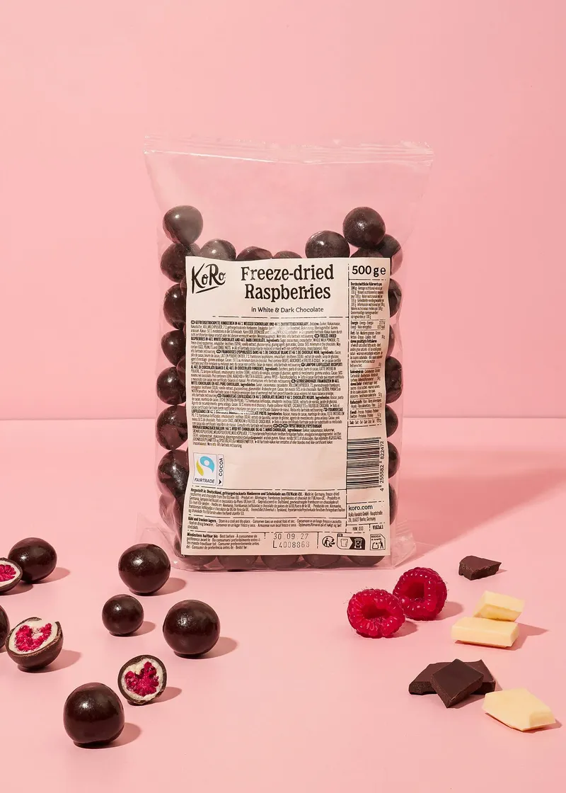 KoRo Gefriergetrocknete Himbeeren in weißer und dunkler Schokolade | 500 g – Produktbild 1 von 5