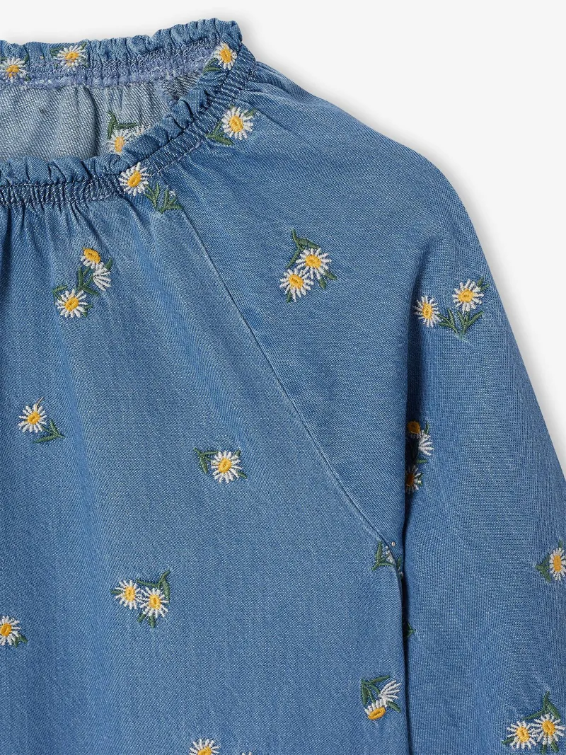 Vertbaudet Jeanskleid aus Light-Denim mit Stickerei Mädchen, Jeansblau, – Produktbild 4 von 4