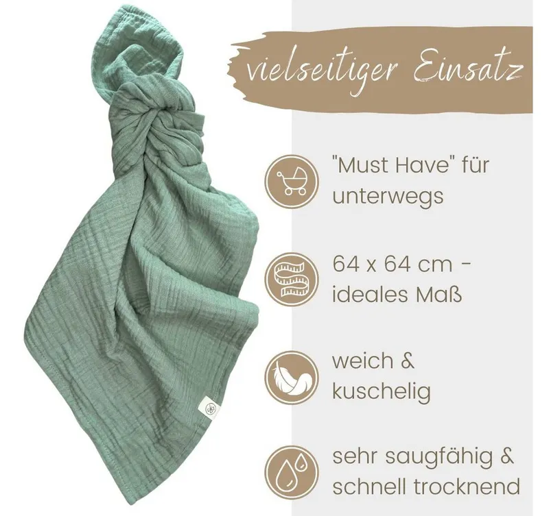 Babydecke Mulltücher 3er-SET gekreppt, Spucktuch 64x64 100% GOTS BIO-Baumwolle, DIKOS, PREMIUM Qualität atmungsaktiv, nachhaltig, plastikfrei, kuschelweich, Mint creme, – Produktbild 5 von 5