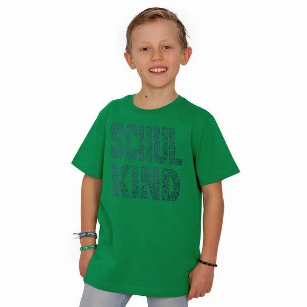 HANDGEDRUCKT HANDGEDRUCKT "Schulkind" Kinder-T-Shirt reine Biobaumwolle (kbA), Kellygreen, – Produktbild 1 von 2