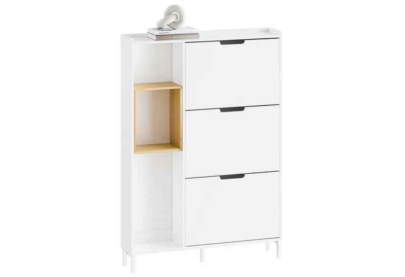 SoBuy Schuhschrank FSR209, Schuhkipper mit 3 Klappen, Schuhregal Schuhablage Schuhkommode Schuhschrank schmal, mit 3 Klappen, zusätzlichen Fächern, Bambus, Holz, Weiß, – Produktbild 1 von 5