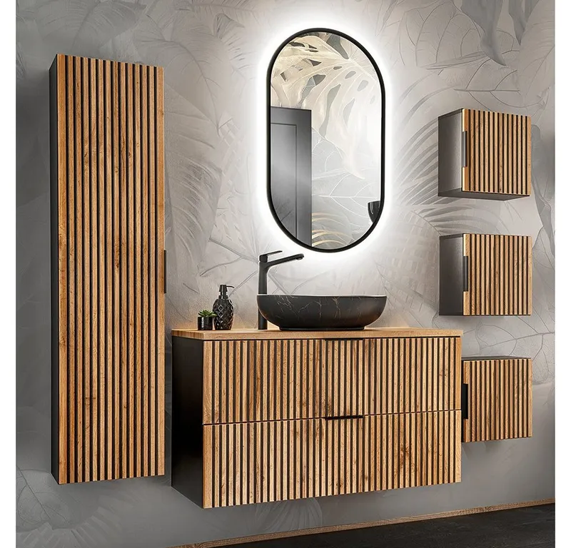 Lomadox Waschbeckenschrank XANTEN-56 100 cm in anthrazit mit Eiche Nb. schwarz gerillt, Braun|grau, – Produktbild 5 von 5