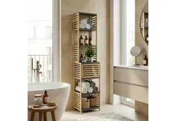 en.casa Badregal, »Kydesby« 170 x 39 x 30 cm 1 Tür 5 offene Fächer Bambus Natur/Grau – Produktbild 1 von 1