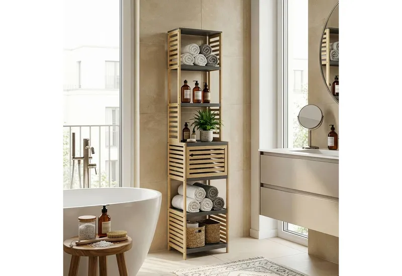 en.casa Badregal, »Kydesby« 170 x 39 x 30 cm 1 Tür 5 offene Fächer Bambus Natur/Grau, Beige|grau, – Produktbild 1 von 5