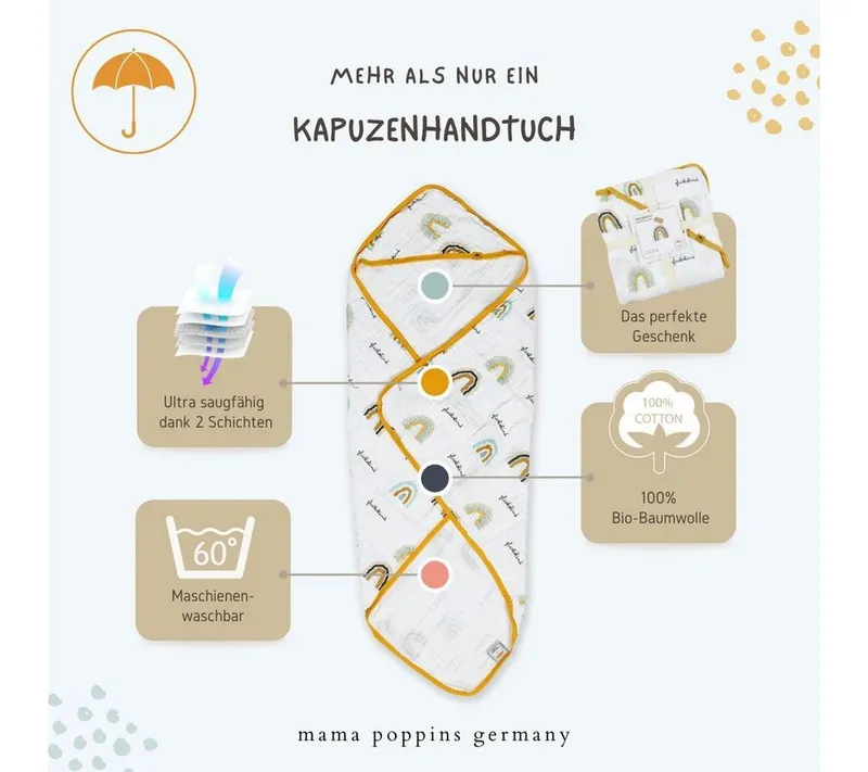Mama Poppins Germany Mama Poppins Germany Kapuzenhandtuch Kapuzenhandtuch mit süßen Schriftzügen aus 100% Bio-Baumwolle, nachhaltig aus 100% Bio-Baumwolle, Bunt, – Produktbild 4 von 4