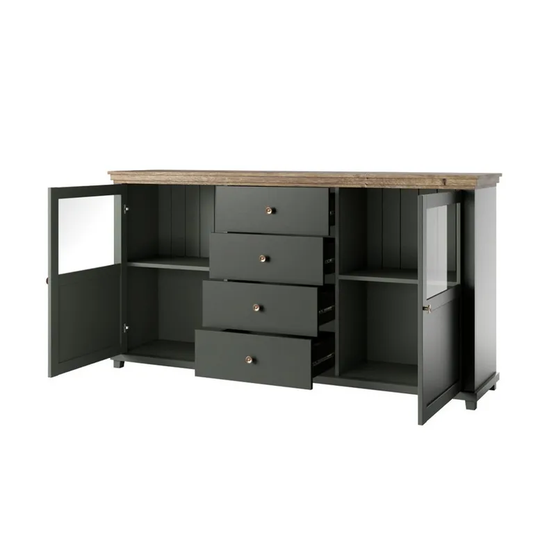 Lomadox Büromöbel-Set EPSOM-83, (Spar-Set, 4-tlg., Schreibtisch Sideboard Aktenregal), in grün mit Lefkas Eiche, Rückwand mit Lamellen Optik, Softclose, Grün, – Produktbild 3 von 5
