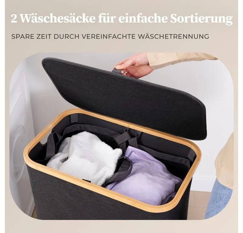 HENNEZ Wäschekorb Bambus mit Deckel 2 Fächer, 140L Wäschesack - Wäschesortierer Wäschebox Wäschetonne Wäschesammler, Grau|schwarz, – Produktbild 4 von 5