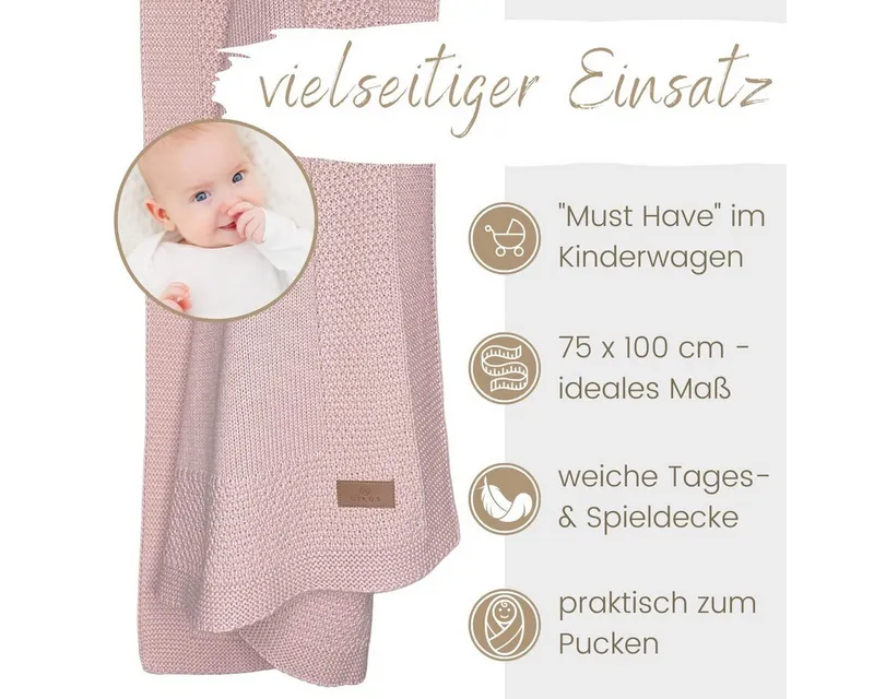 Babydecke DIKOS® Kuscheldecke Bordüre *100%* Bio Baumwolle, Geschenk zur Geburt, DIKOS, Strickdecke 75×100, Baby Erstausstattung Neugeborene, Babygeschenk, Rosa, – Produktbild 4 von 5