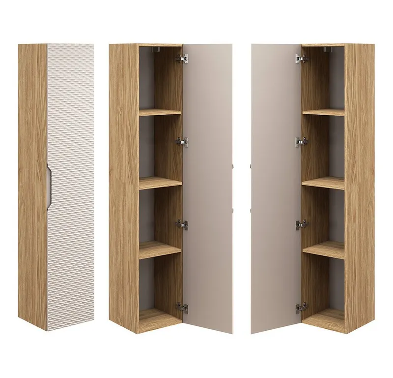 Lomadox Hochschrank OLUO-56-BEIGE Badschrank, 1-türig, Eiche mit beige, 3D-Struktur, Braun, – Produktbild 1 von 4