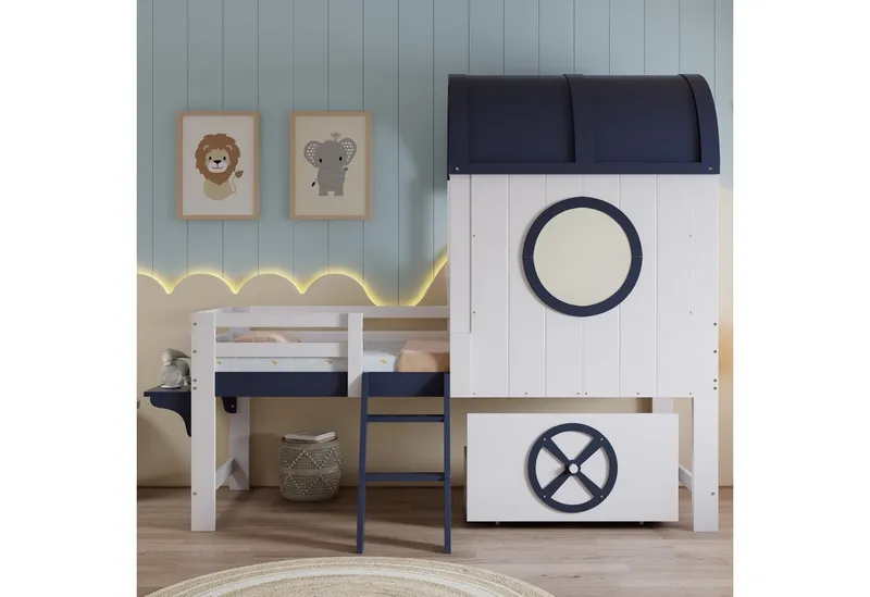 Merax Hochbett (Etagenbett Jugendbett Hausbett Einzelbett, 1-St., Kieferholz) Kinderbett 90x200cm mit Dach Fenster Schublade Schrägleiter Regal, Weiß, – Produktbild 2 von 5